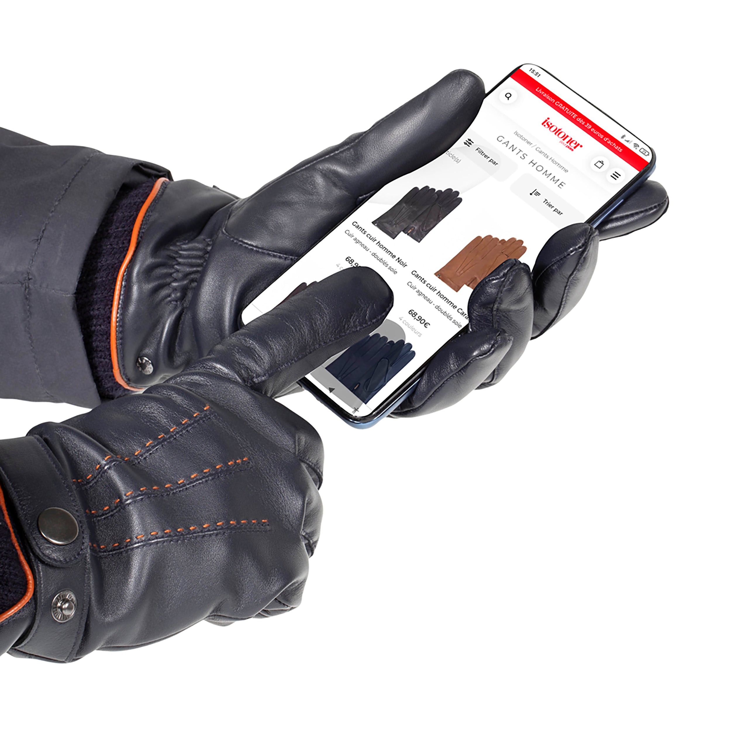 isotoner-gants-homme-tactiles-cuir-tricot-marine image 3