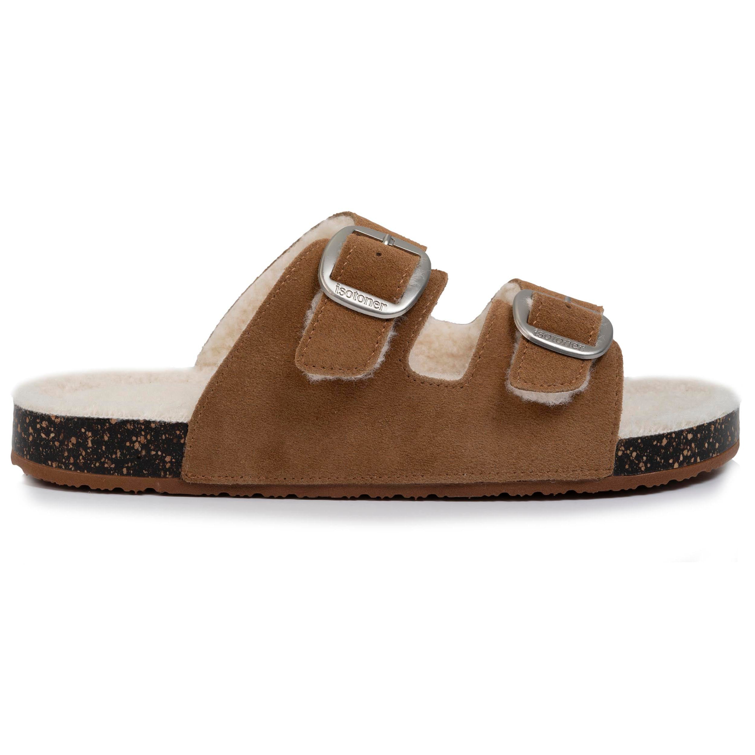 isotoner-chaussons-sandales-femme-sherpa-camel-cuir image 8