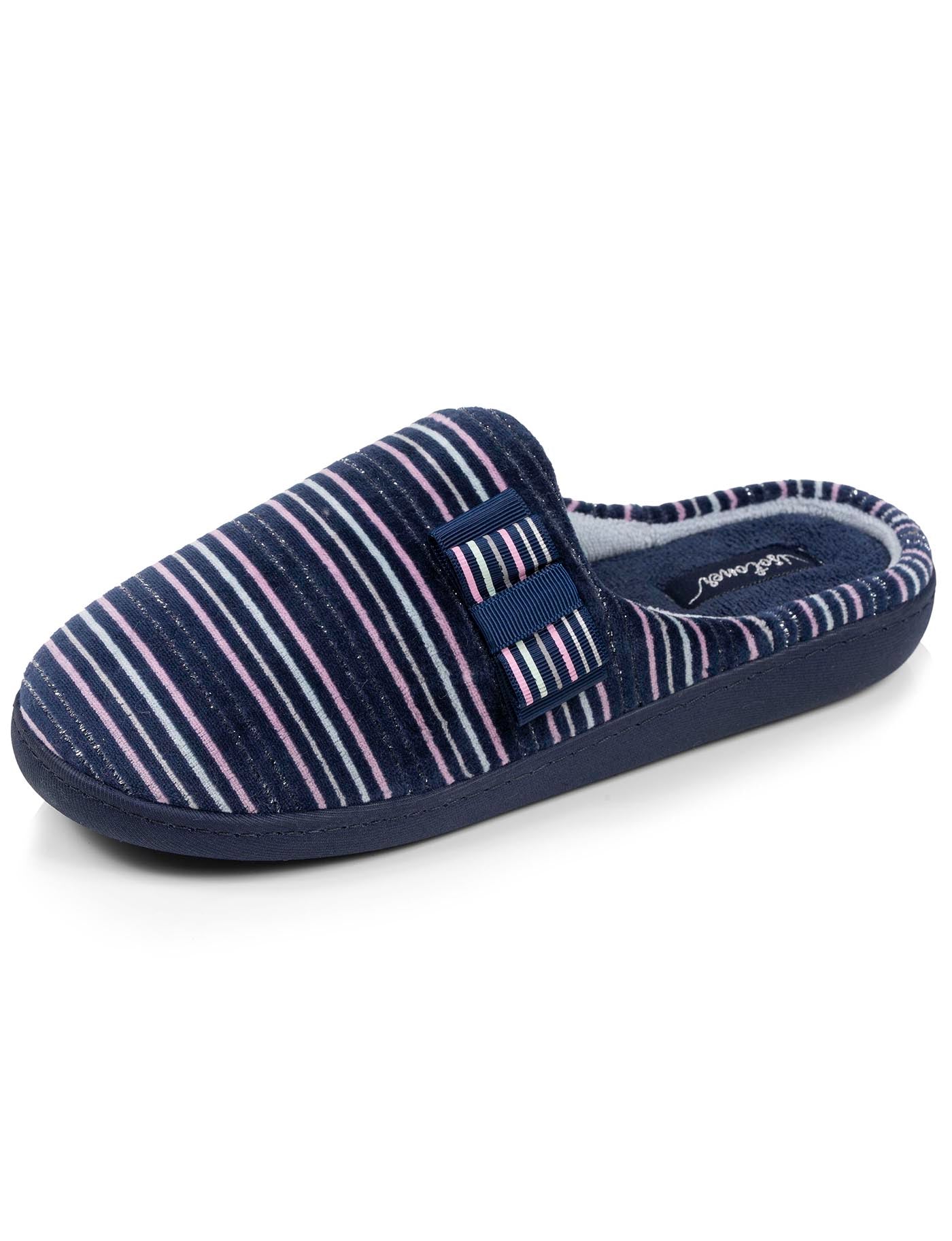 isotoner-chaussons-mules-femme-rayures-marine-velours-coton-vo-te-plantaire image 6