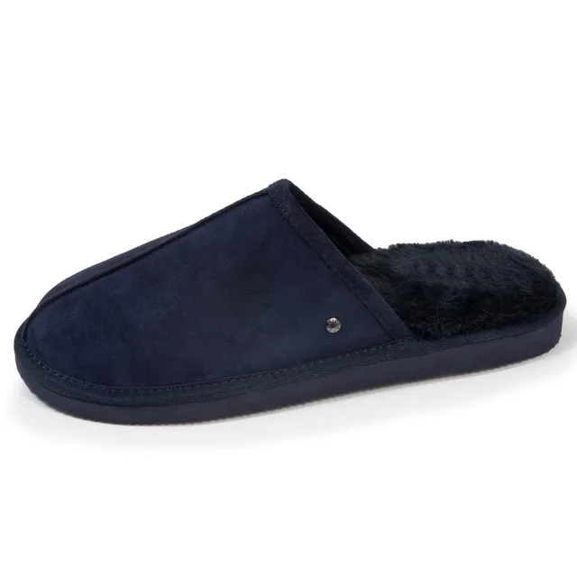 isotoner-chaussons-mules-homme-cuir-marine-fourr-es image 1