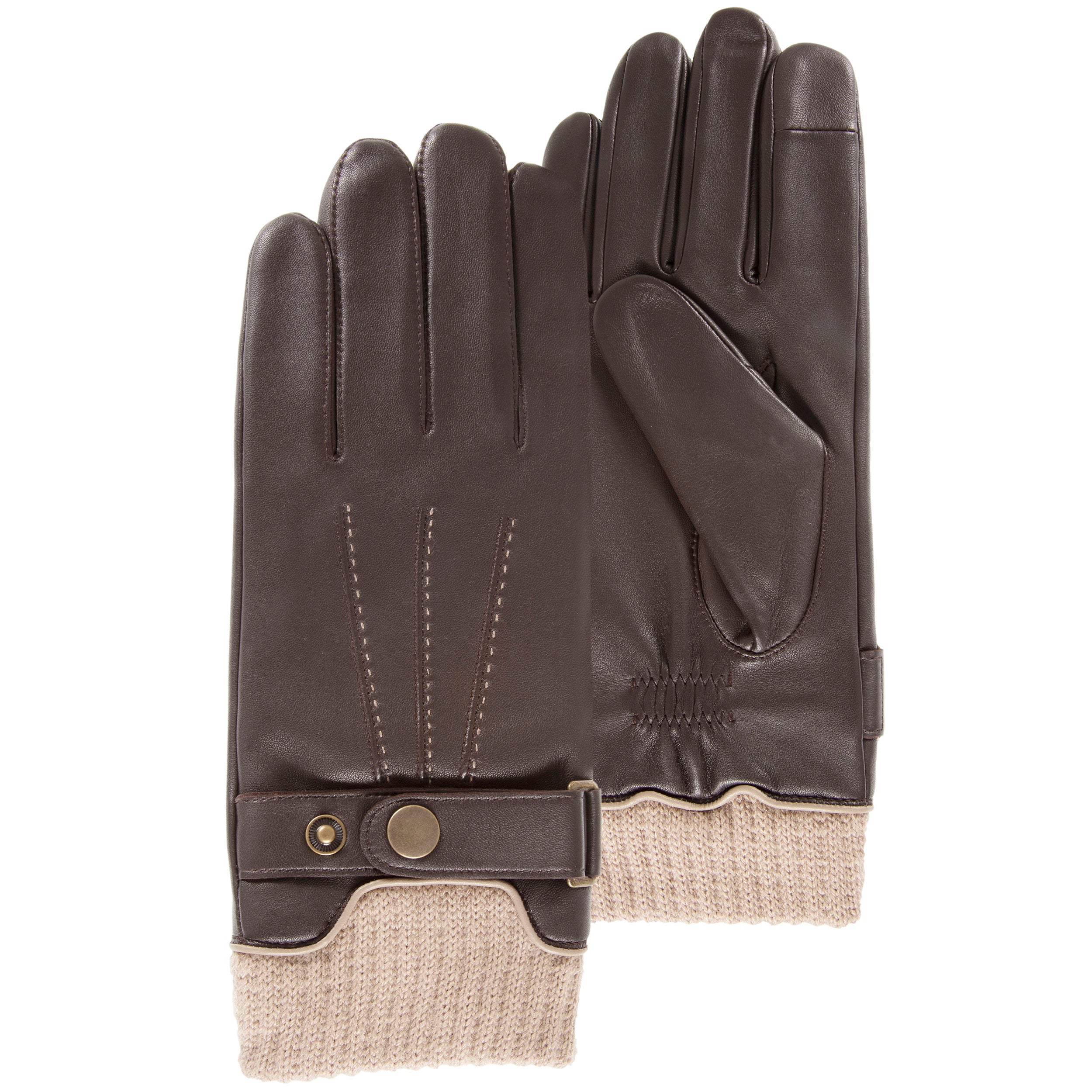 isotoner-gants-homme-tactiles-cuir-tricot-marron image 1