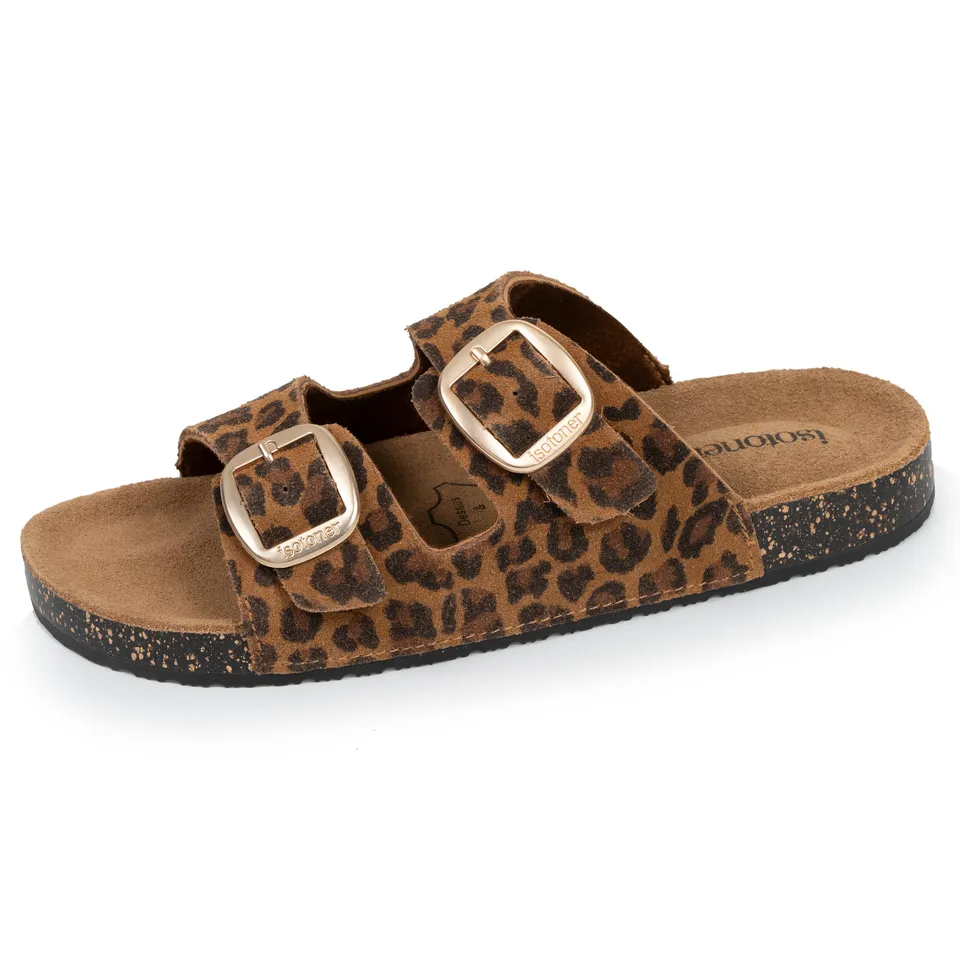 isotoner-mules-sandales-femme-double-bride-cuir-camel-l-opard image 1