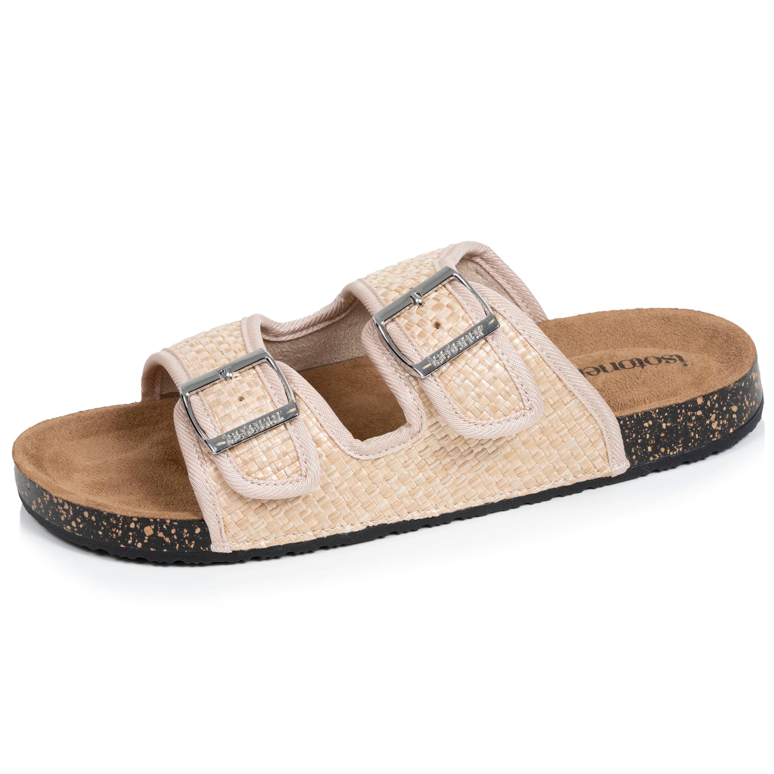 isotoner-mules-sandales-femme-double-bride-rafia-beige image 1