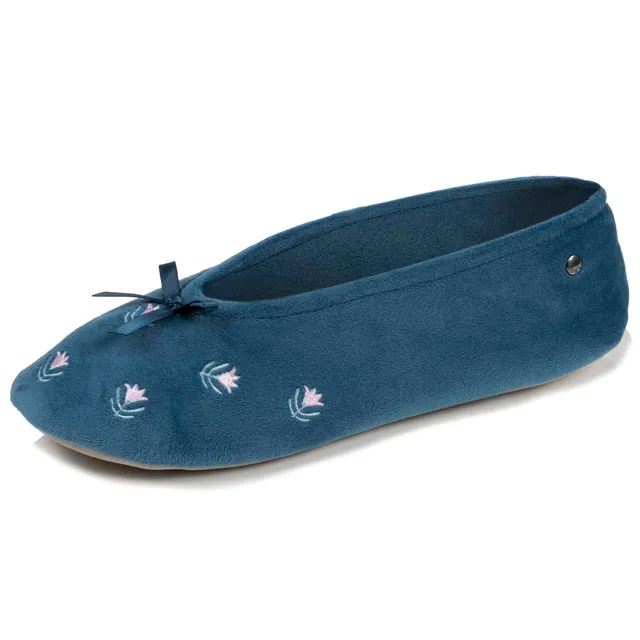 isotoner-chaussons-ballerines-femme-grand-n-ud-bleu-fleurs image 1