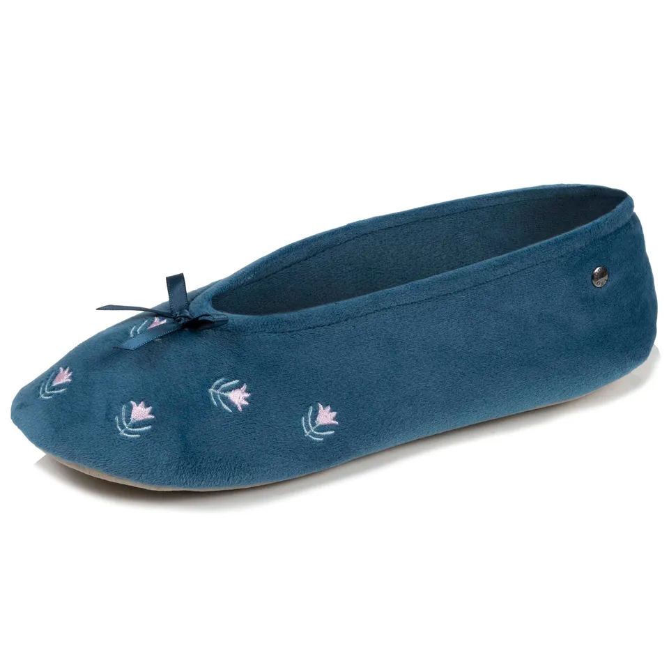 isotoner-chaussons-ballerines-femme-grand-n-ud-bleu-fleurs image 1