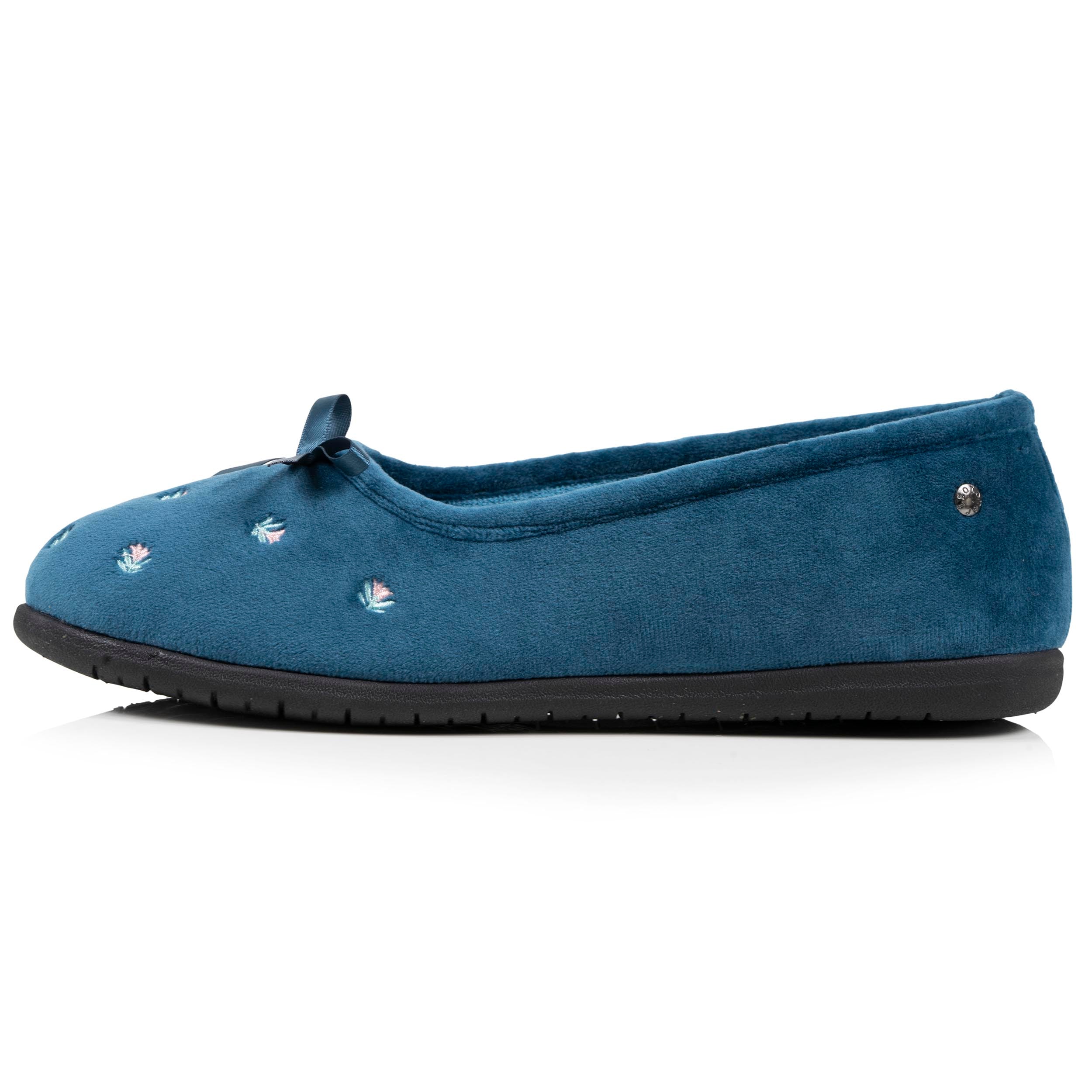 isotoner-chaussons-ballerines-femme-bleu-canard-fleurs-velours image 4