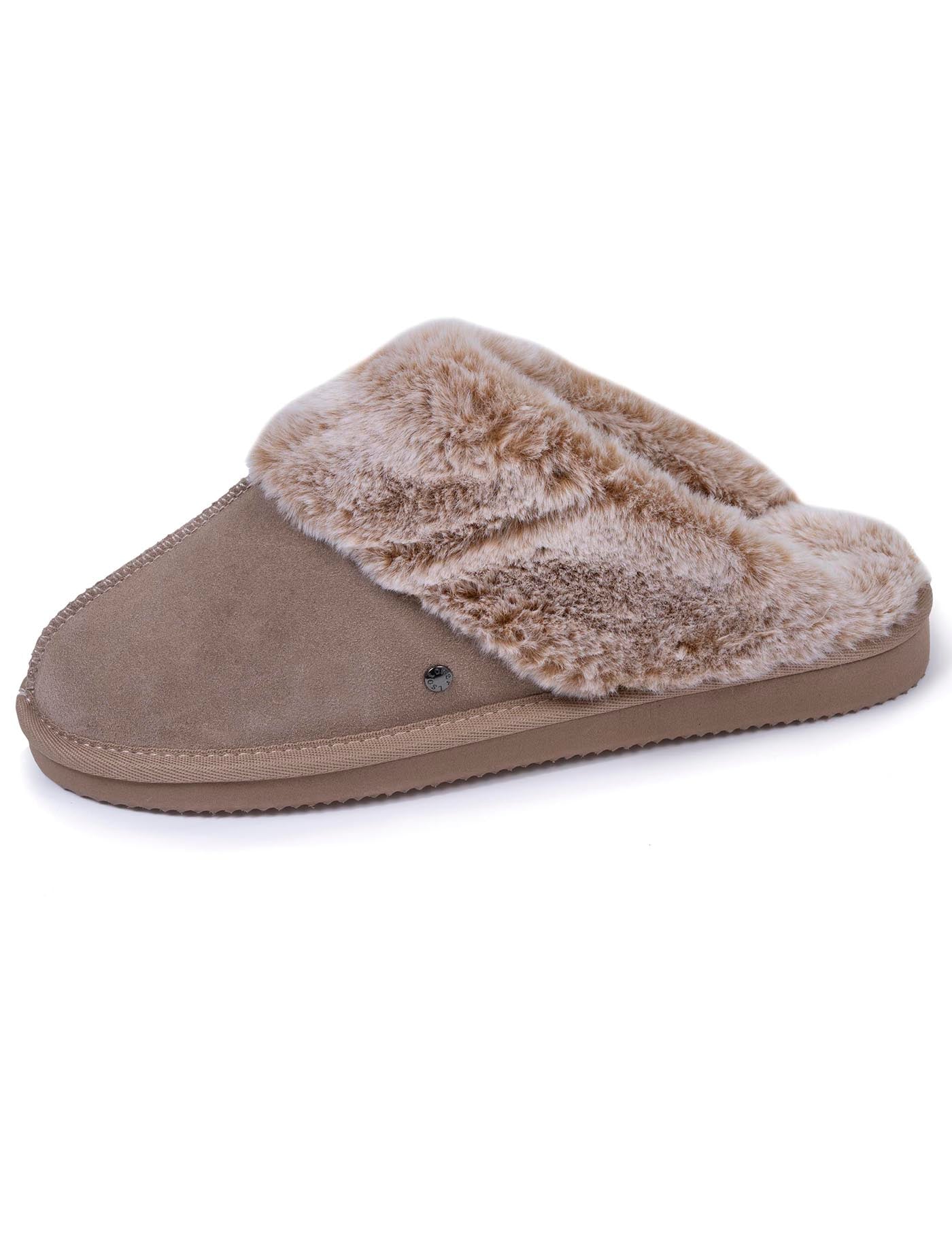 isotoner-chaussons-mules-fourr-es-femme-beige-cuir image 6
