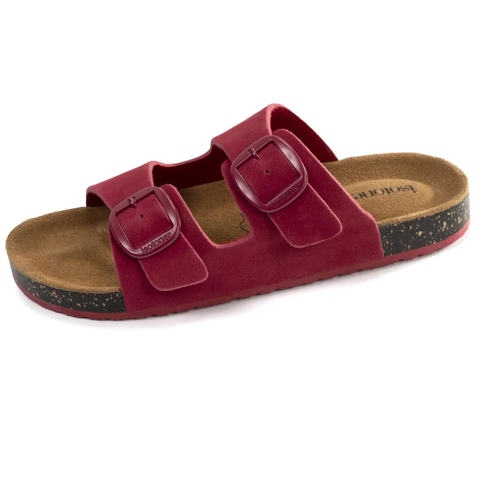 isotoner-mules-sandales-femme-double-bride-cuir-framboise-premium image 1