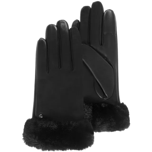 isotoner-gants-femme-cuir-bord-fourrure-noir-tactile image 1