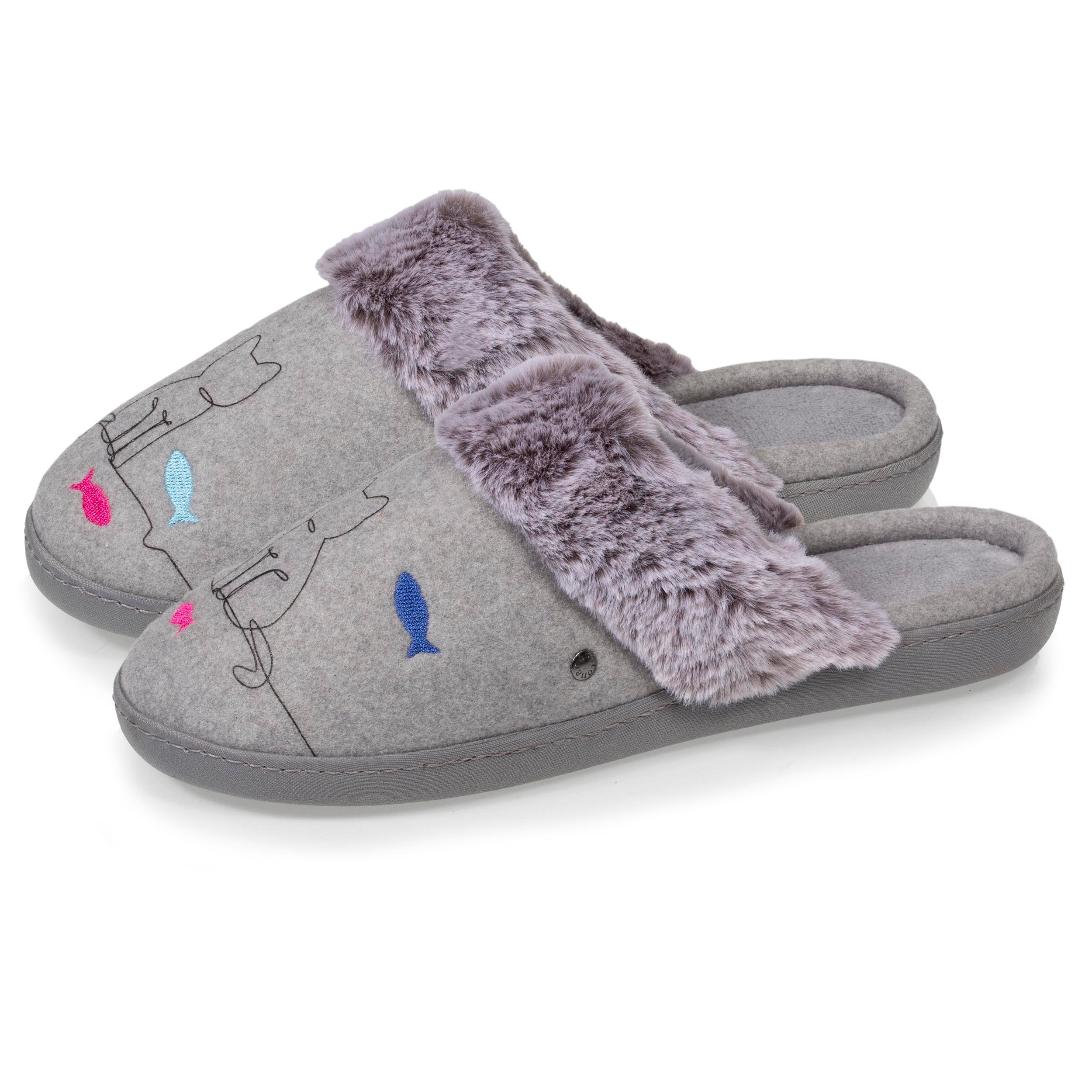 isotoner-chaussons-mules-femme-gris-chat-fantaisie image 1