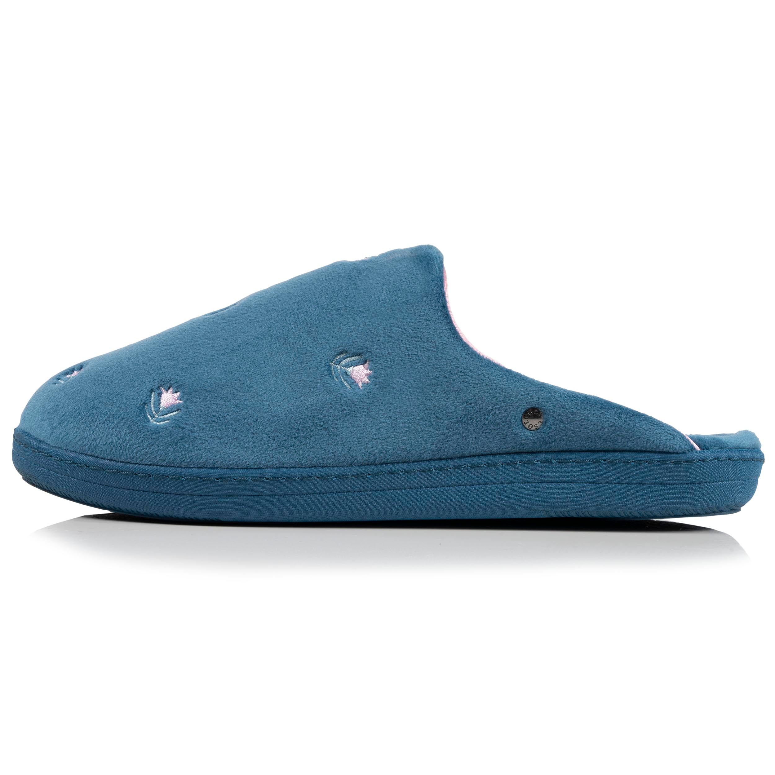 isotoner-chaussons-mules-femme-bleu-canard-fleurs image 3
