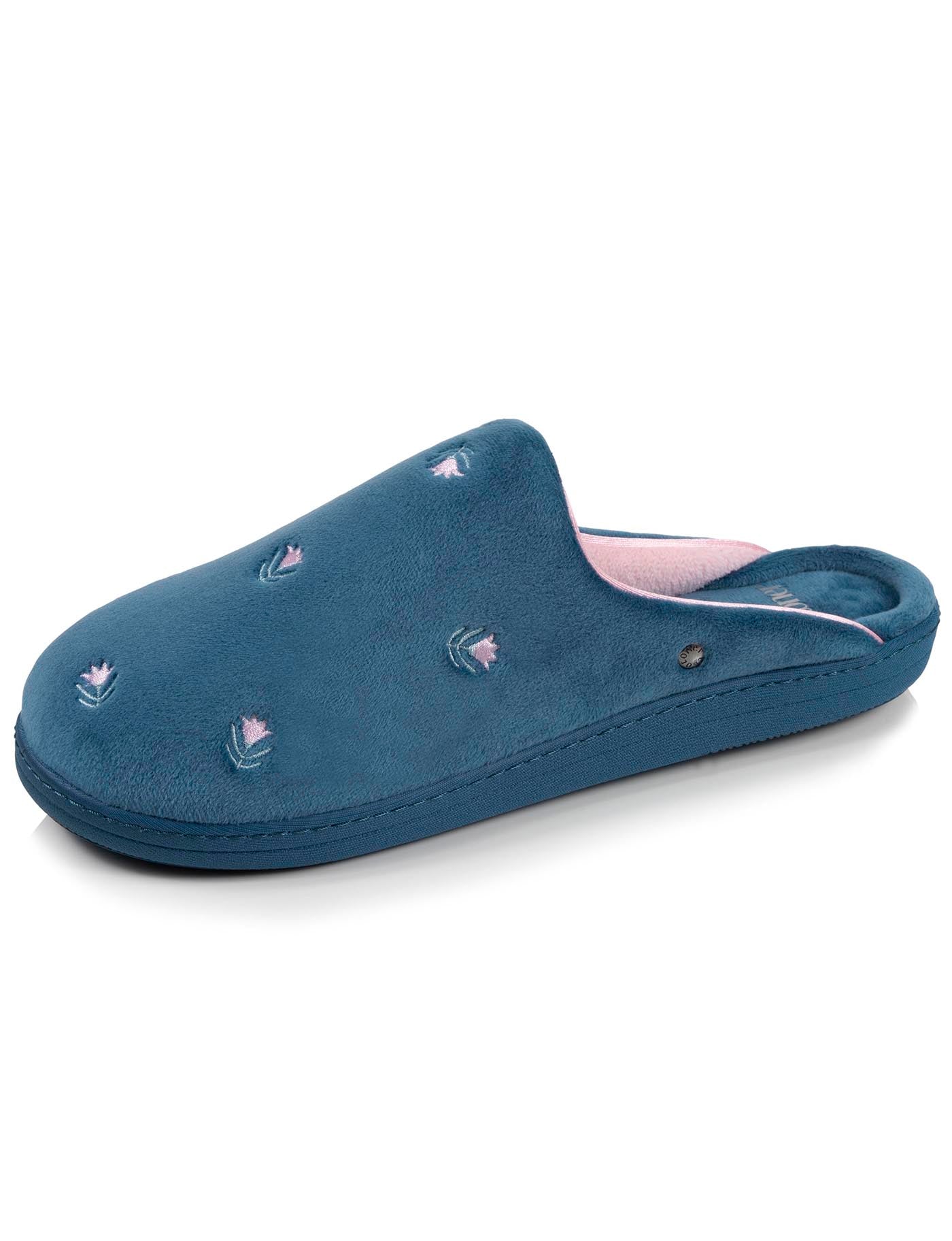 isotoner-chaussons-mules-femme-bleu-canard-fleurs image 6