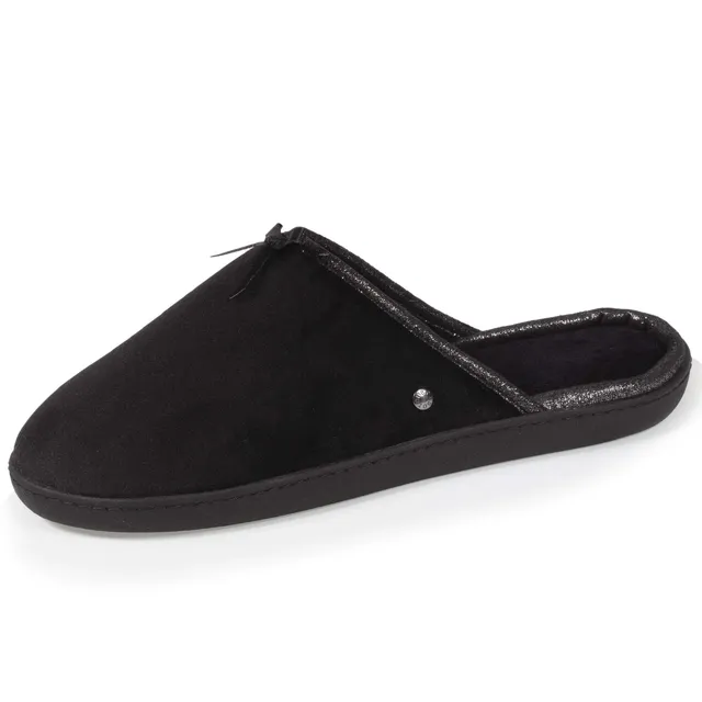 isotoner-chaussons-mules-femme-brillant-noir-microvelours-m-moire-de-forme image 1