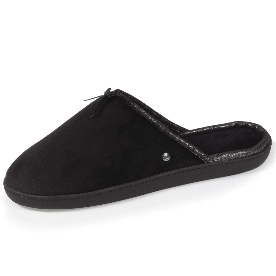 isotoner-chaussons-mules-femme-brillant-noir-microvelours-m-moire-de-forme image 1