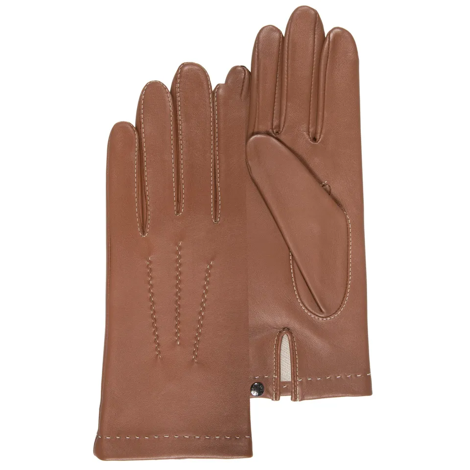 isotoner-gants-femme-3-baguettes-cuir-d-agneau-cognac-doubl-s-soie image 1