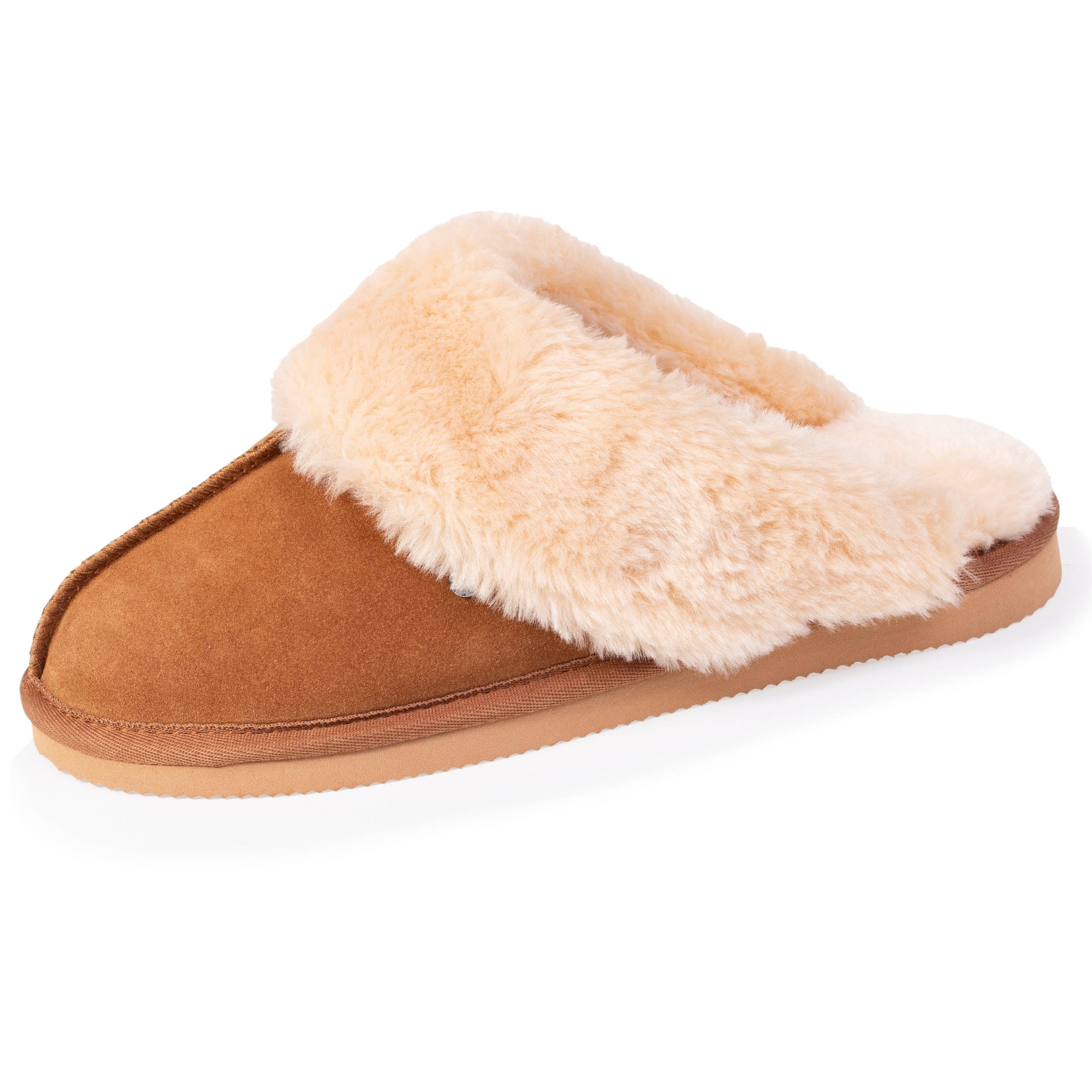 isotoner-chaussons-mules-fourr-es-femme-camel-premium-cuir image 1