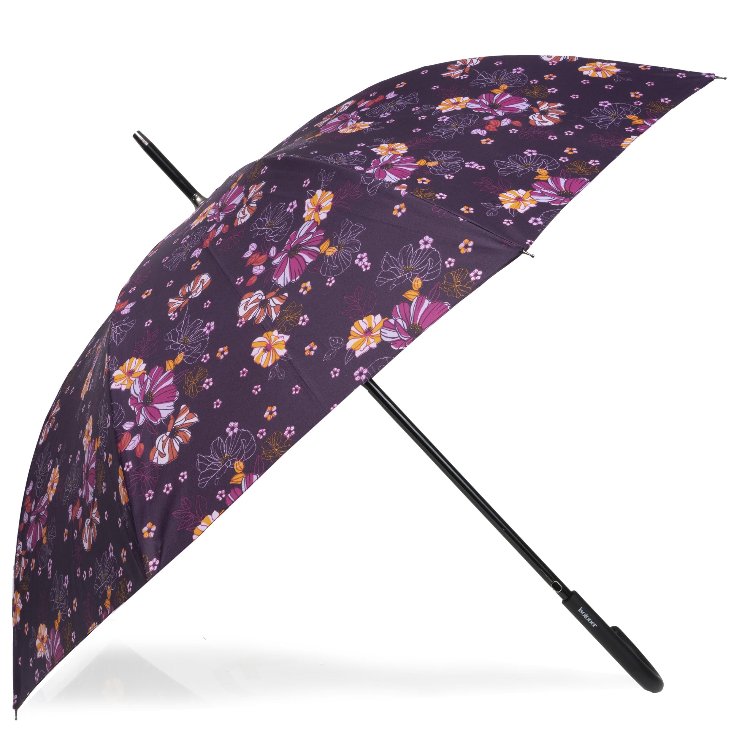 isotoner-parapluie-canne-auto-fleurs-aubergine-d-perlant image 1