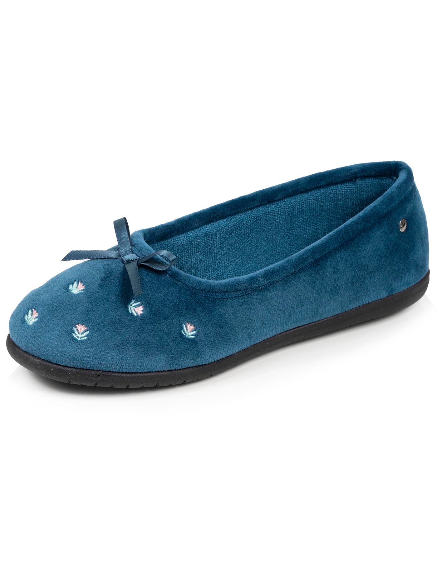 isotoner-chaussons-ballerines-femme-bleu-canard-fleurs-velours image 6