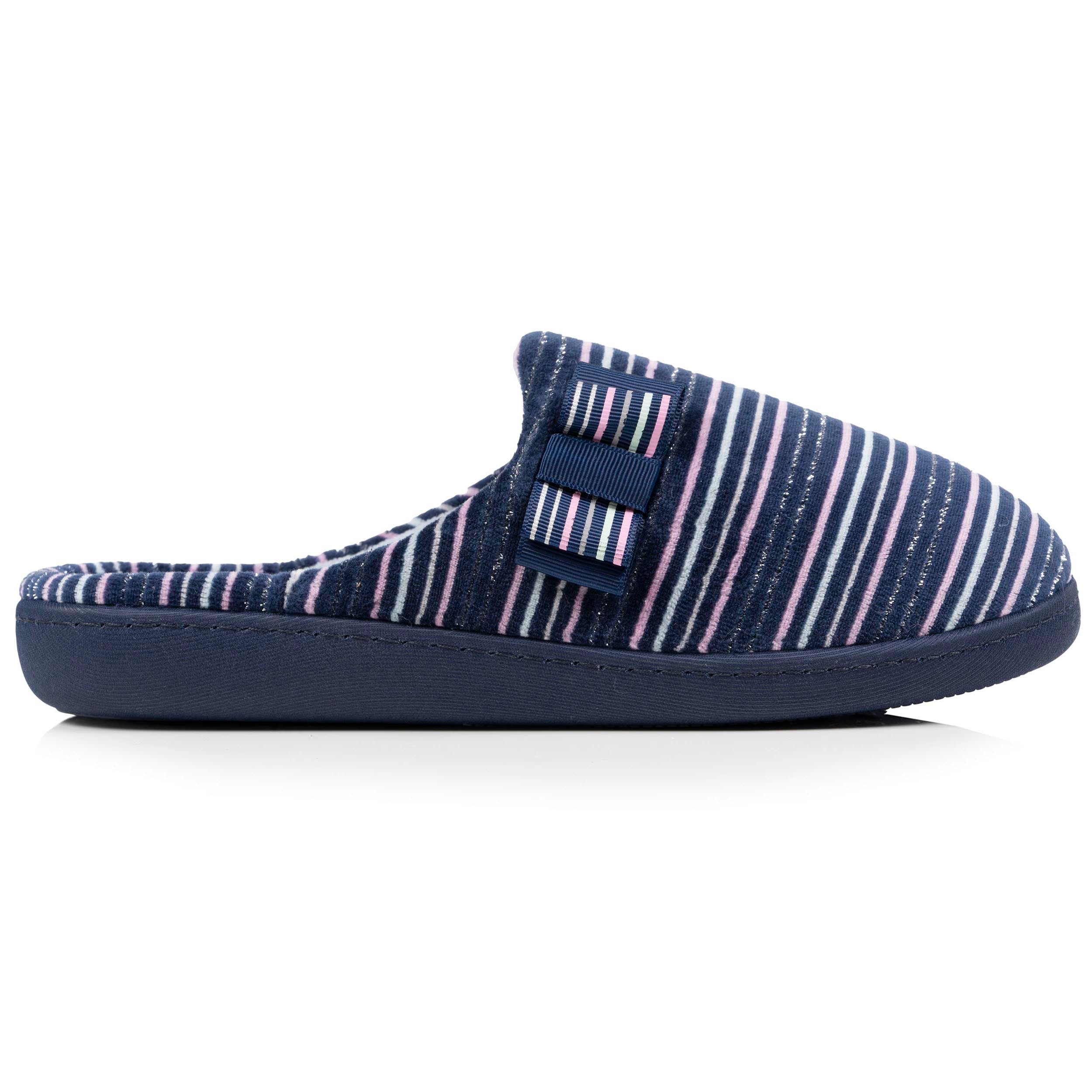 isotoner-chaussons-mules-femme-rayures-marine-velours-coton-vo-te-plantaire image 8