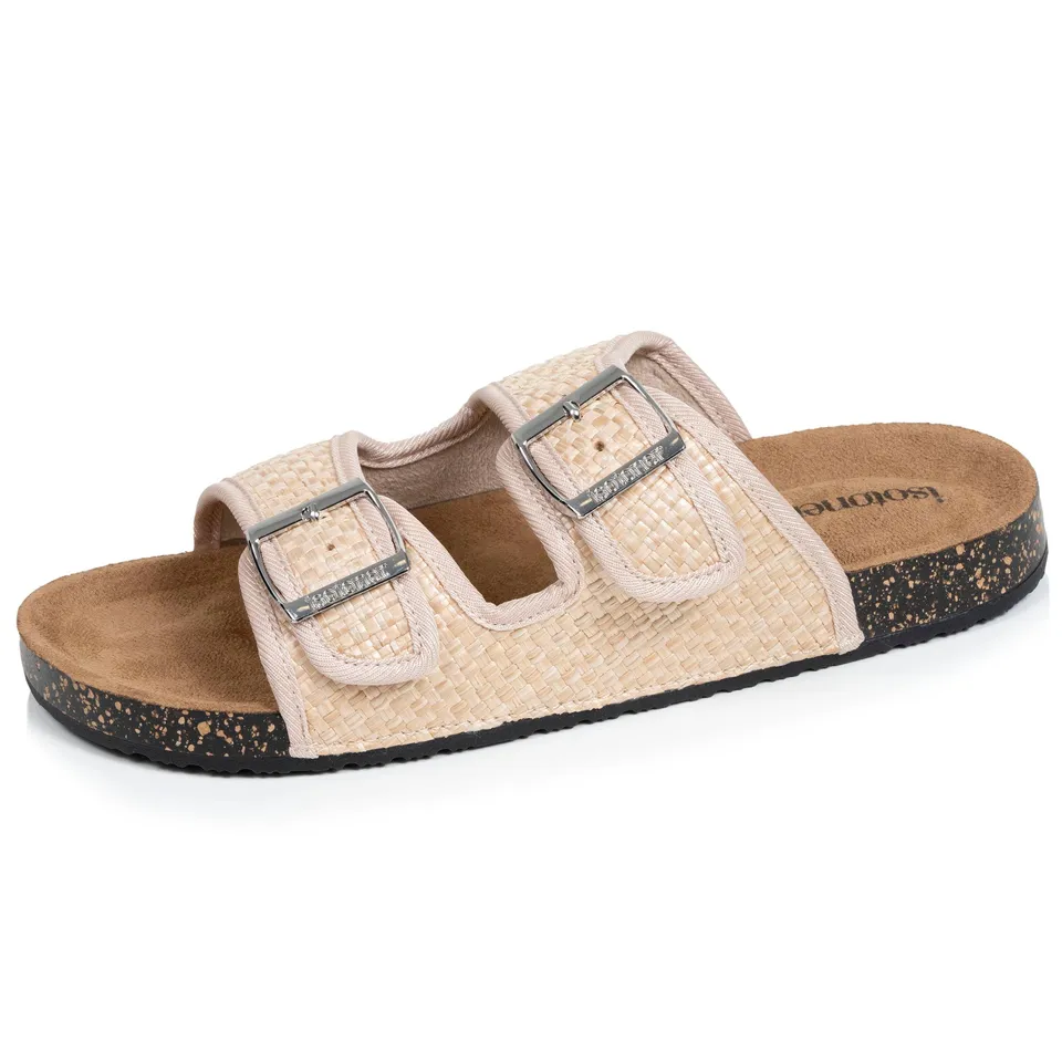 isotoner-mules-sandales-femme-double-bride-rafia-beige image 1