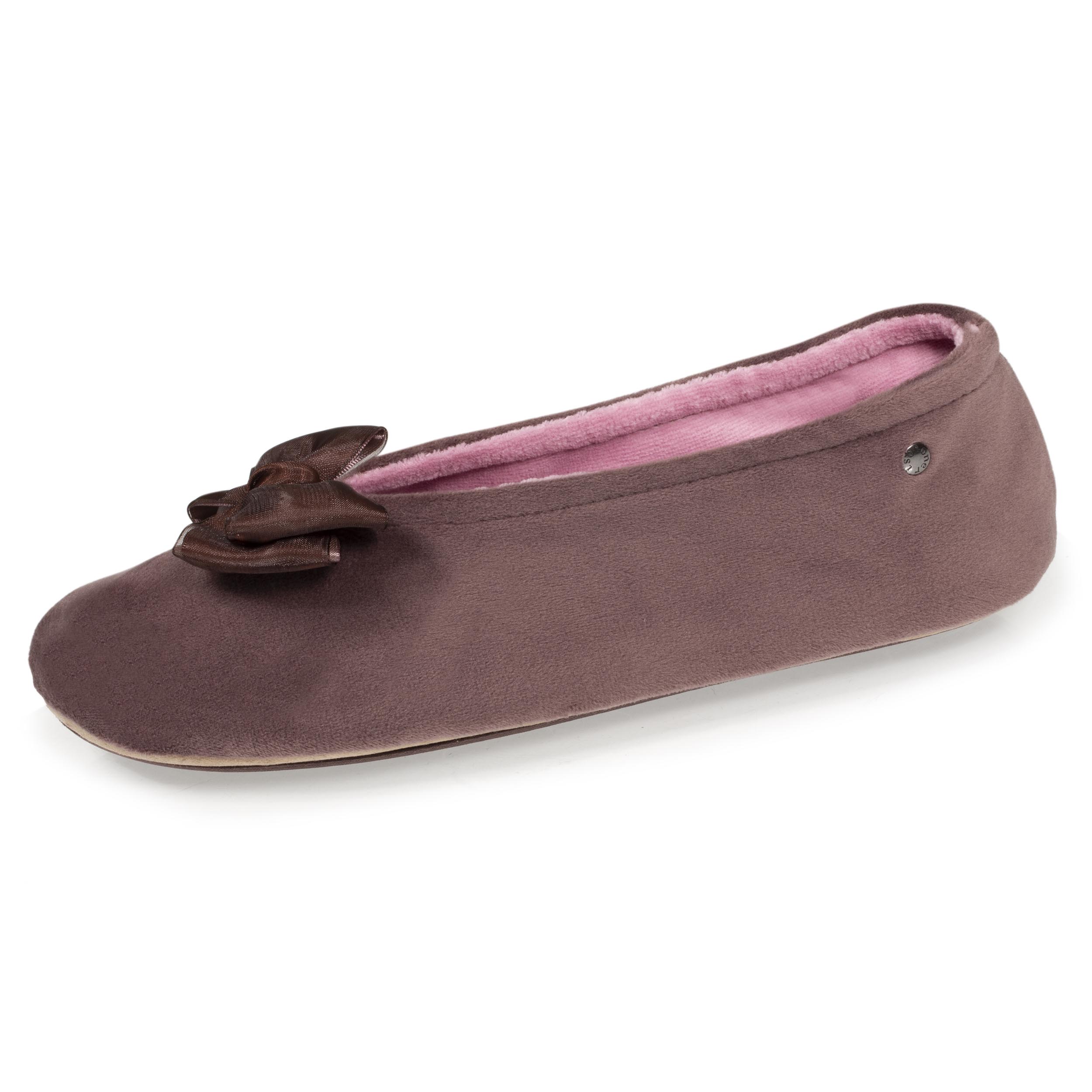 isotoner-chaussons-ballerines-femme-n-ud-taupe-rose image 1
