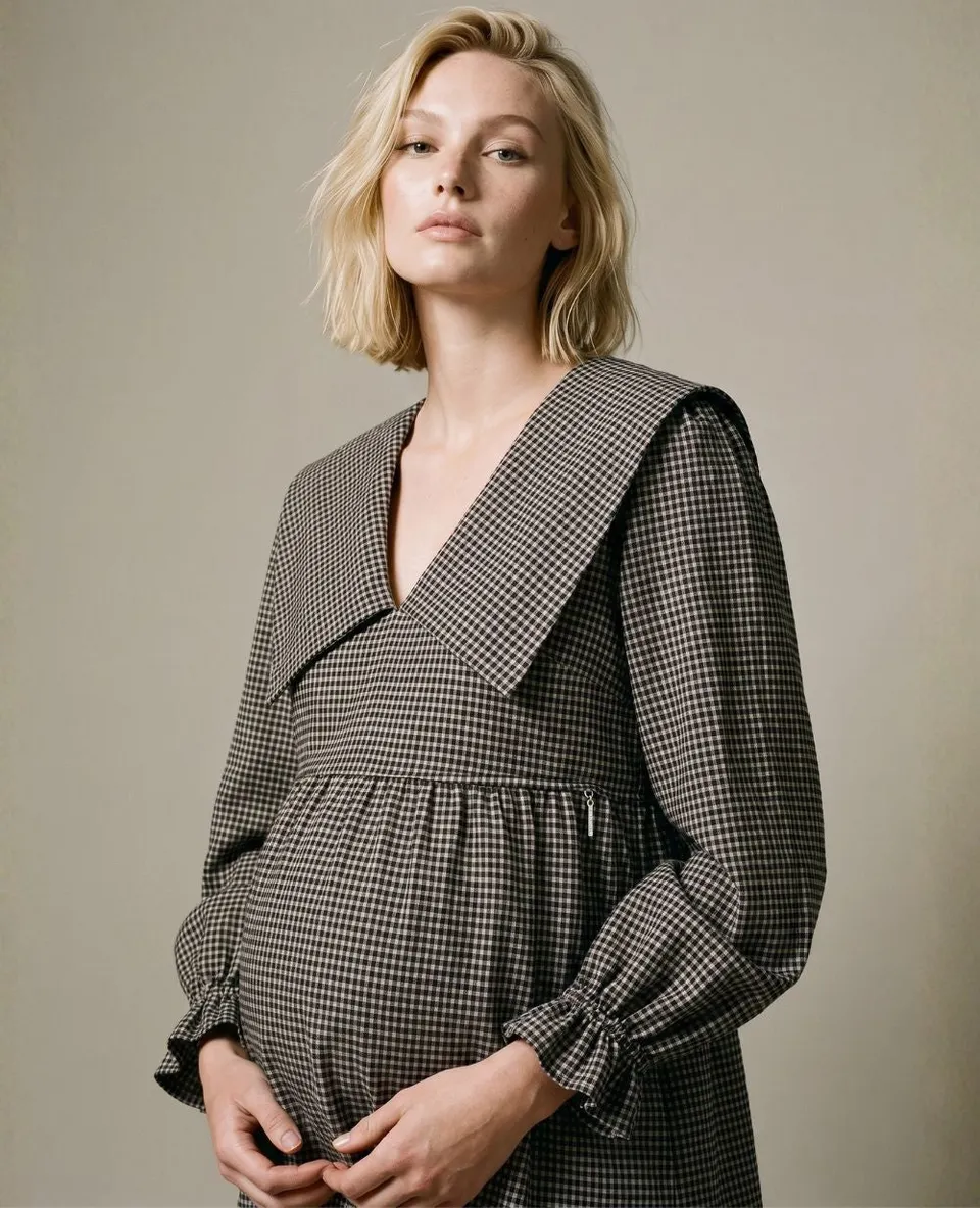 cache-c-ur-blouse-d-allaitement-amandine-noir-beige-carreaux image 1