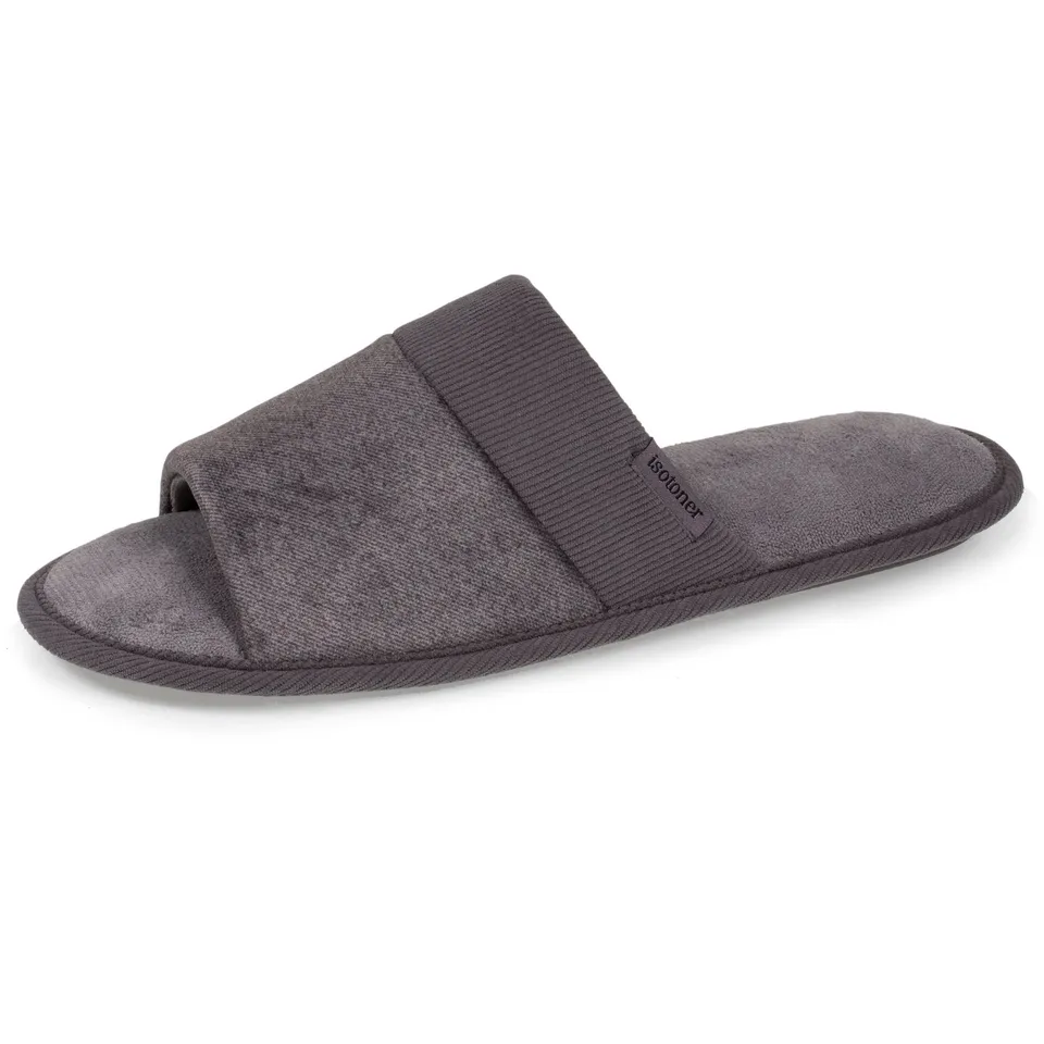 isotoner-chaussons-mules-ouvertes-homme-gris-microvelours image 1
