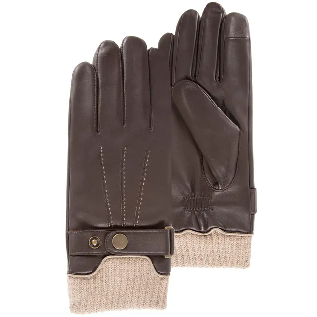 isotoner-gants-homme-tactiles-cuir-tricot-marron image 1