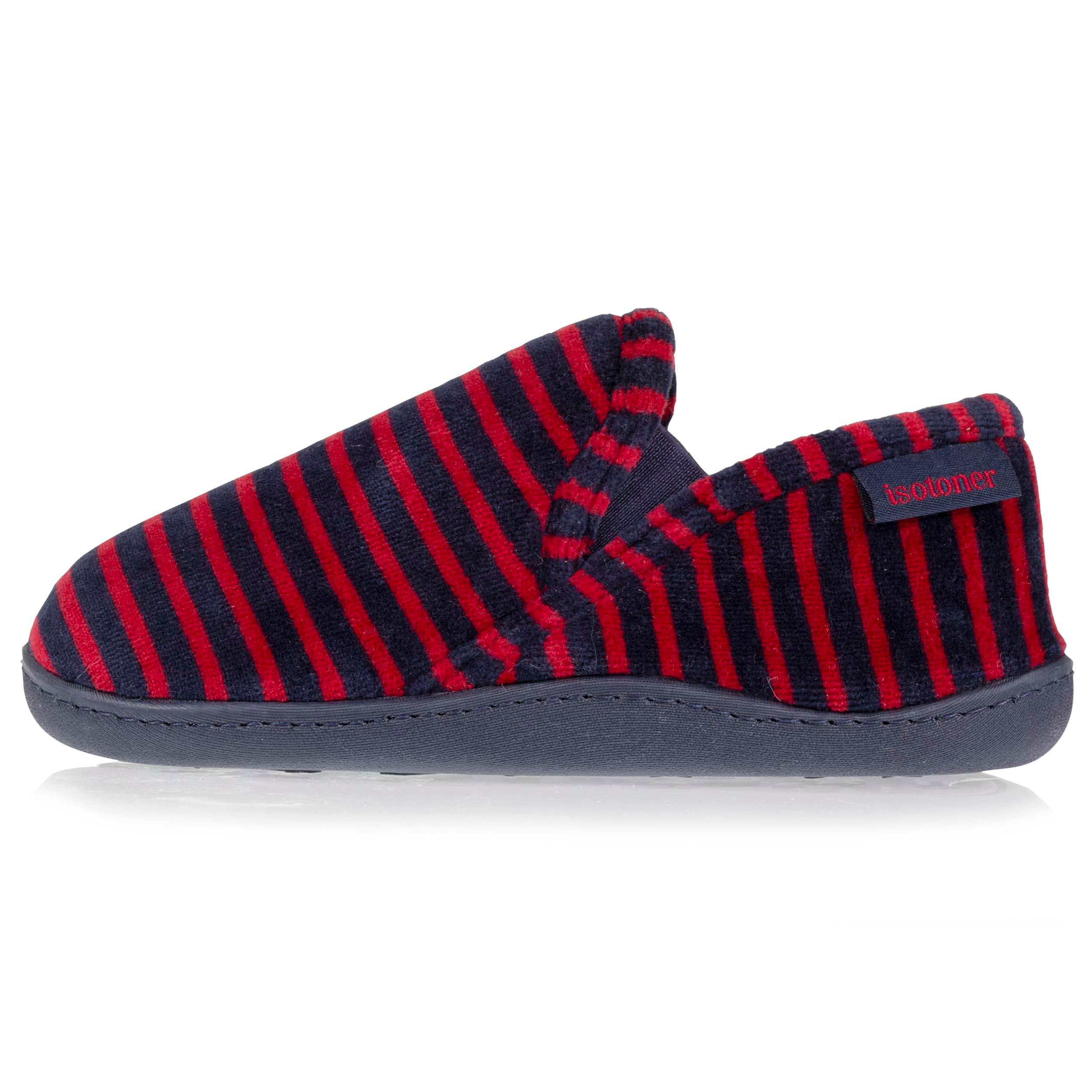 isotoner-chaussons-mocassins-enfant-rayures-bordeaux-marine-velours-coton image 3