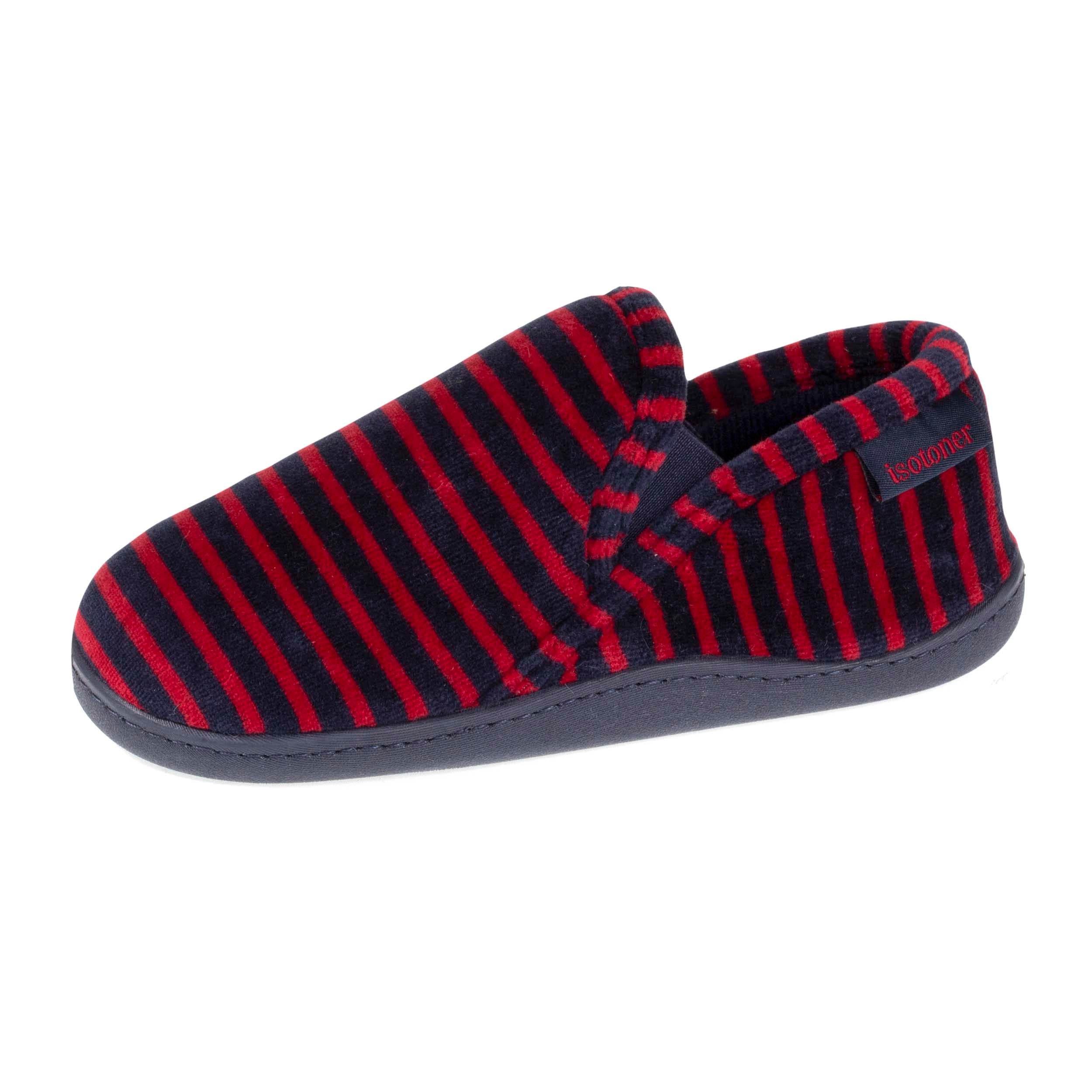 isotoner-chaussons-mocassins-enfant-rayures-bordeaux-marine-velours-coton image 1