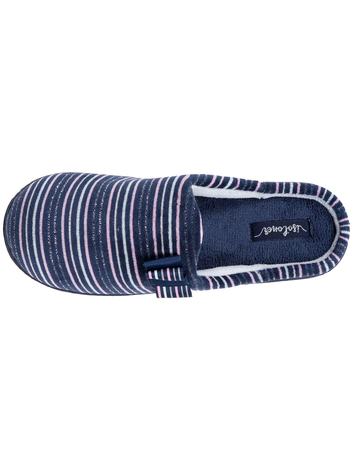 isotoner-chaussons-mules-femme-rayures-marine-velours-coton-vo-te-plantaire image 7
