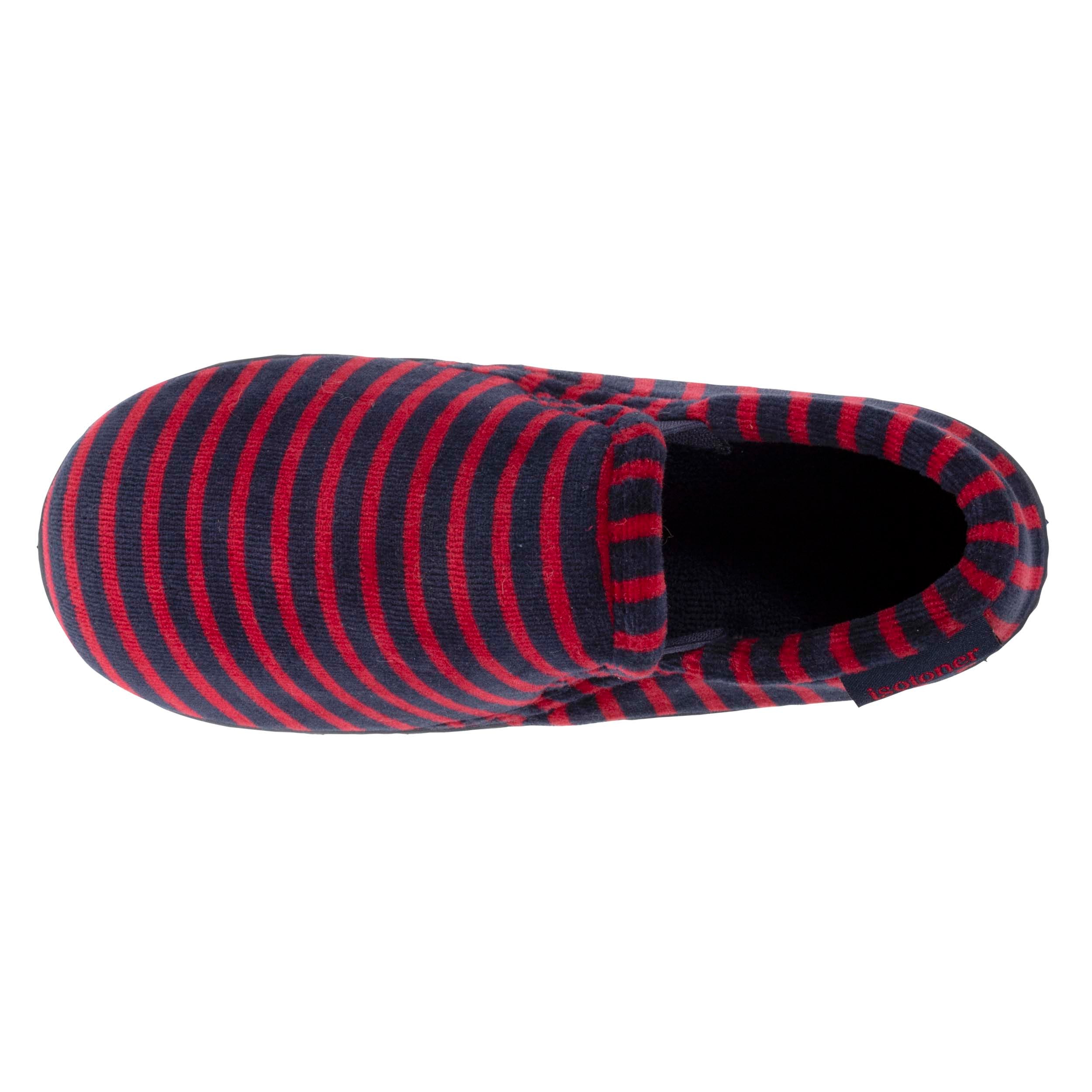 isotoner-chaussons-mocassins-enfant-rayures-bordeaux-marine-velours-coton image 2