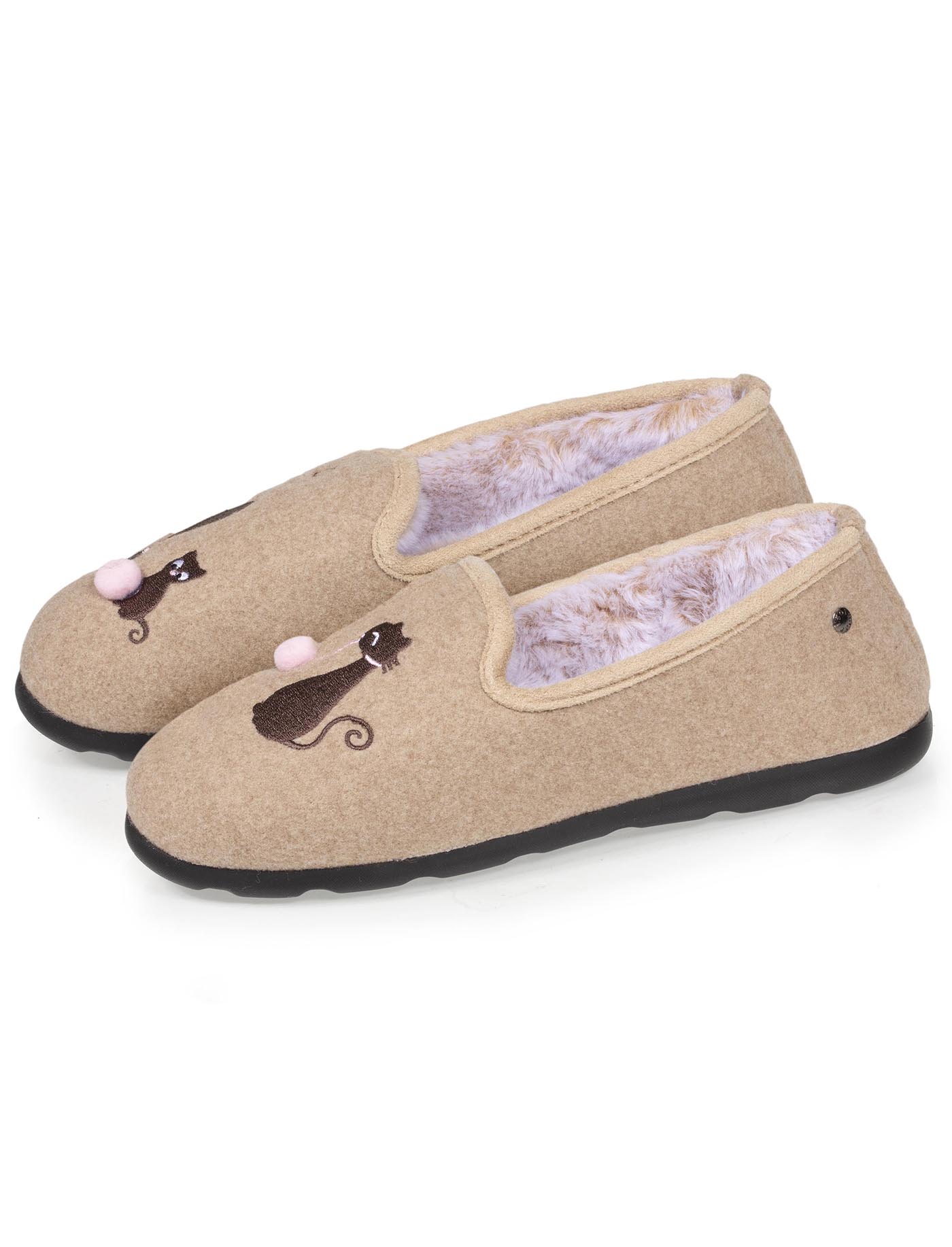 isotoner-chaussons-charentaises-femme-beige-broderie-chat image 6