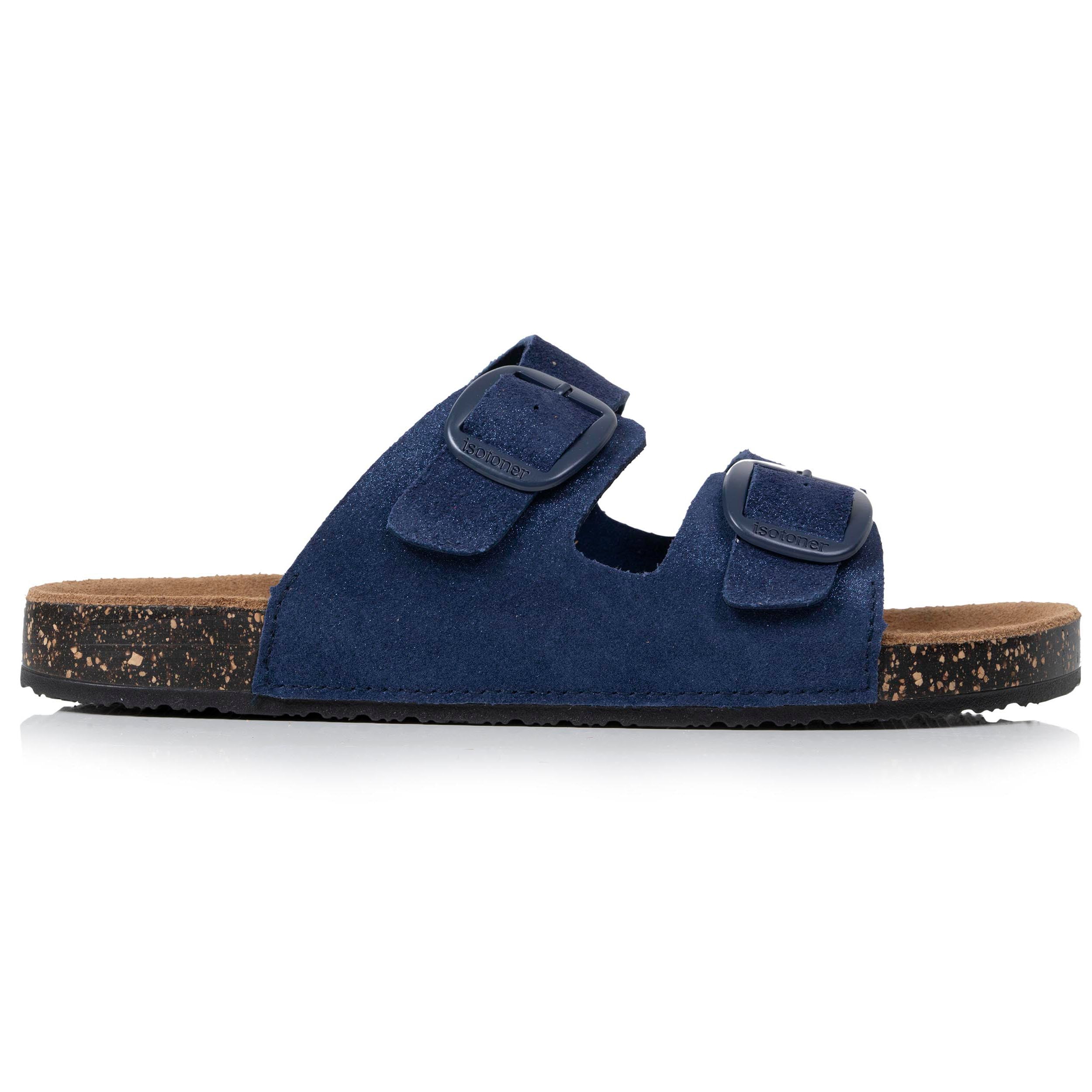 isotoner-mules-sandales-femme-double-bride-cuir-bleu-fonc image 8