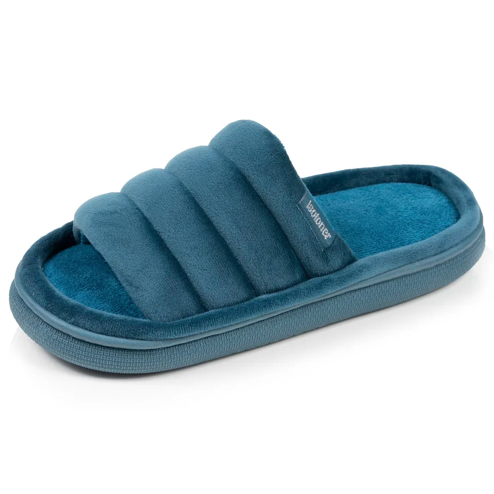 isotoner-bloup-chaussons-sandales-femme-bleu-canard-velours image 1