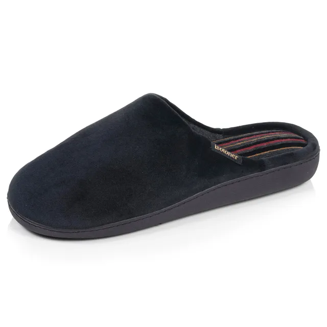 isotoner-chaussons-mules-homme-noir-rayures-bordeaux image 1