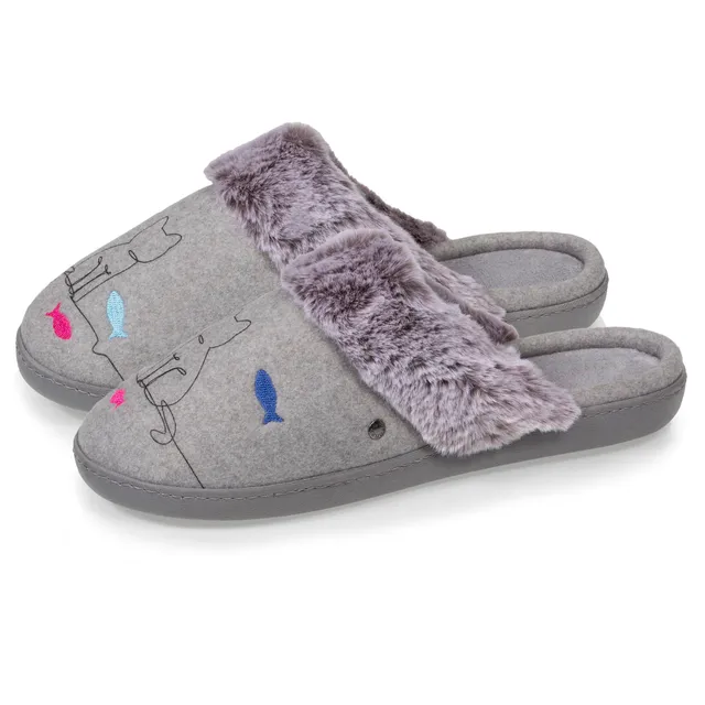 isotoner-chaussons-mules-femme-gris-chat-fantaisie image 1