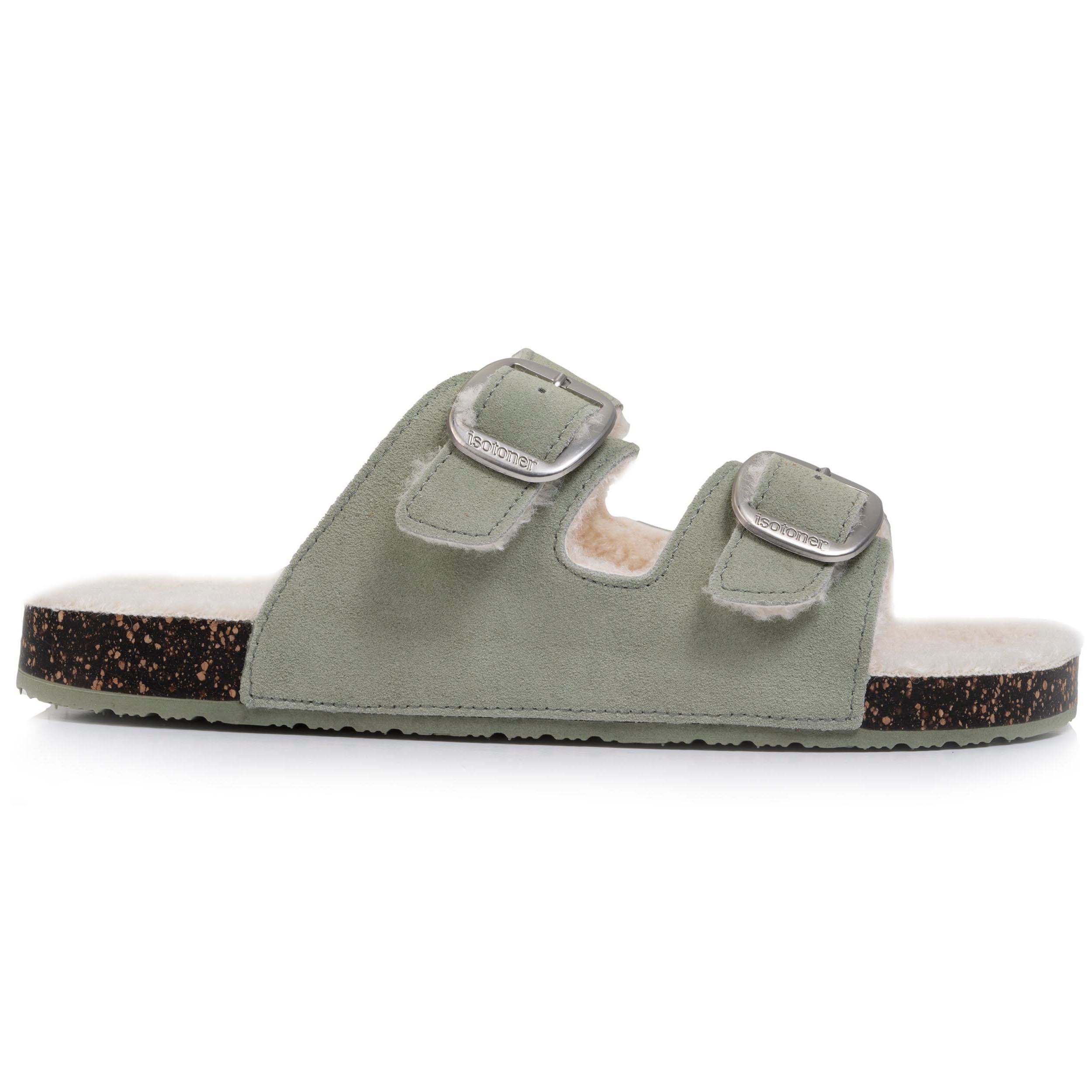 isotoner-chaussons-sandales-femme-sherpa-vert-d-eau-cuir image 8