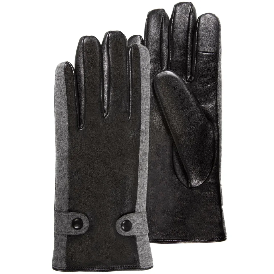 isotoner-gants-femme-tactiles-cuir-agneau-et-laine-noir image 1