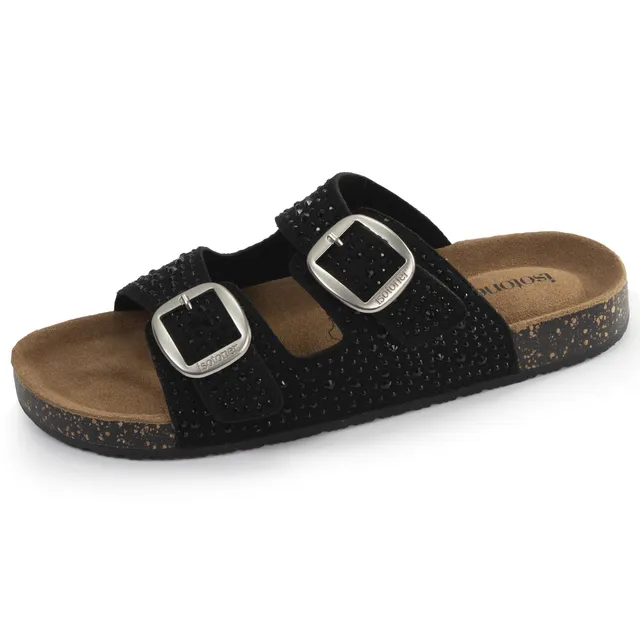 isotoner-mules-sandales-femme-double-bride-noir-strass image 1