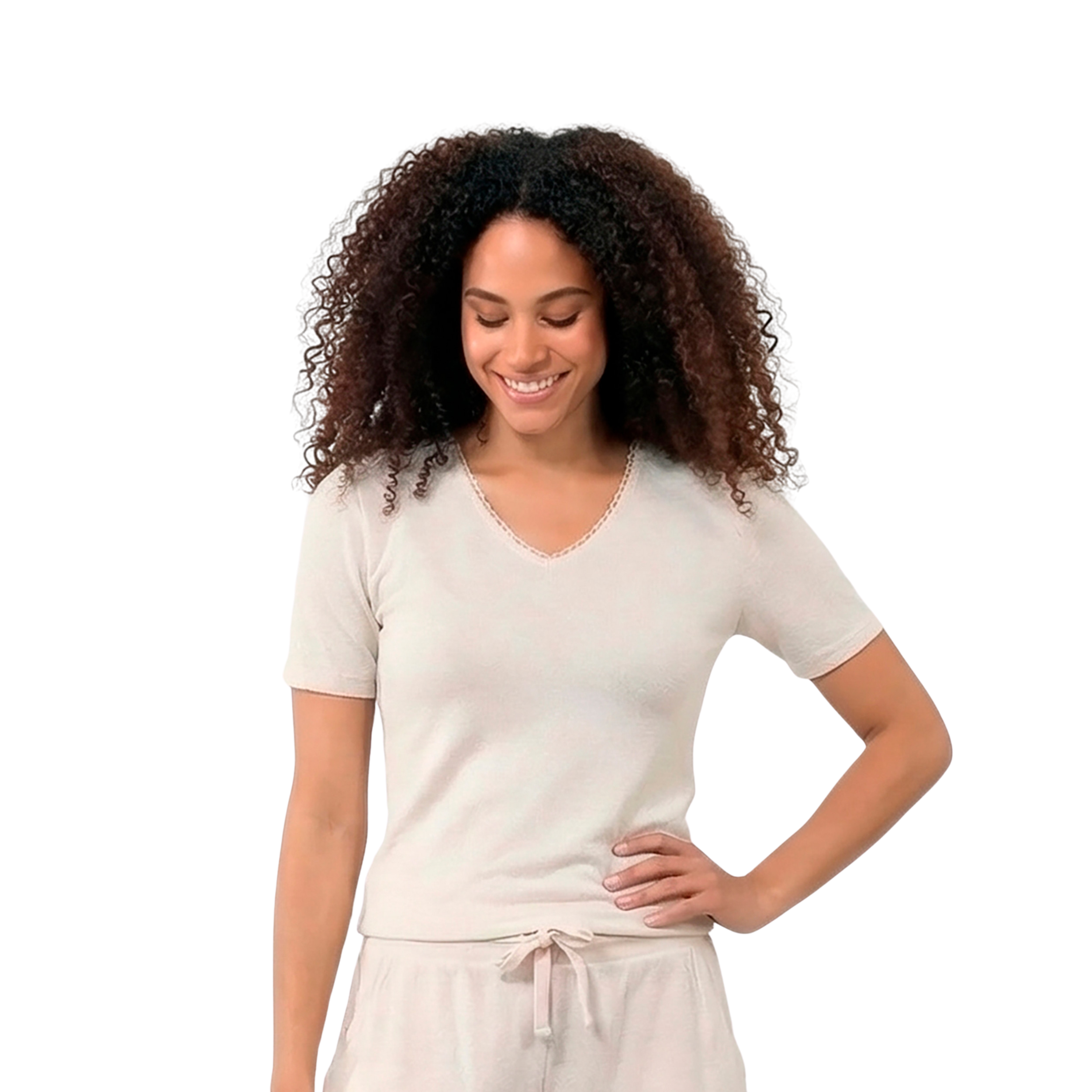 isotoner-t-shirt-manches-courtes-femme-beige-chin-col-v image 8