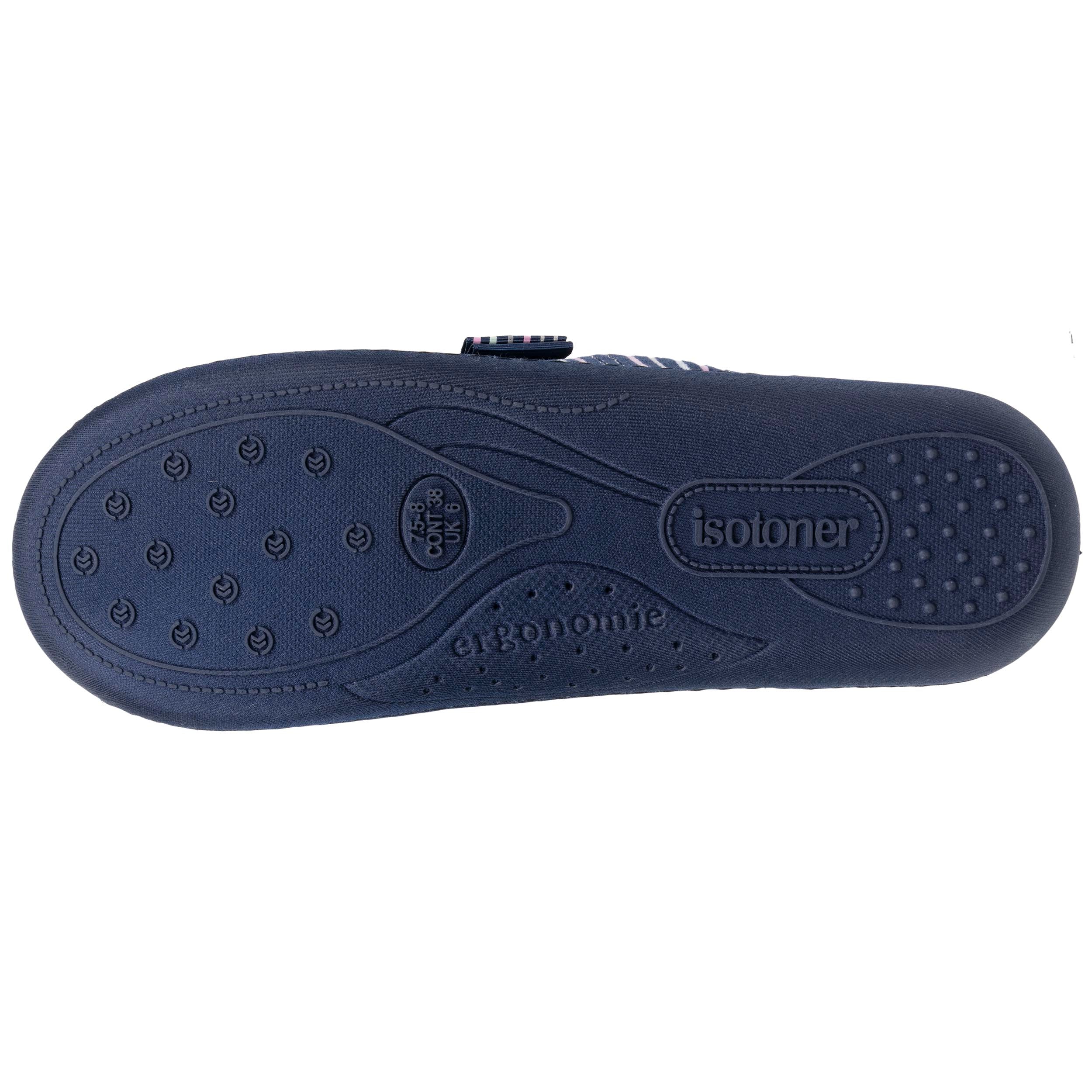isotoner-chaussons-mules-femme-rayures-marine-velours-coton-vo-te-plantaire image 4