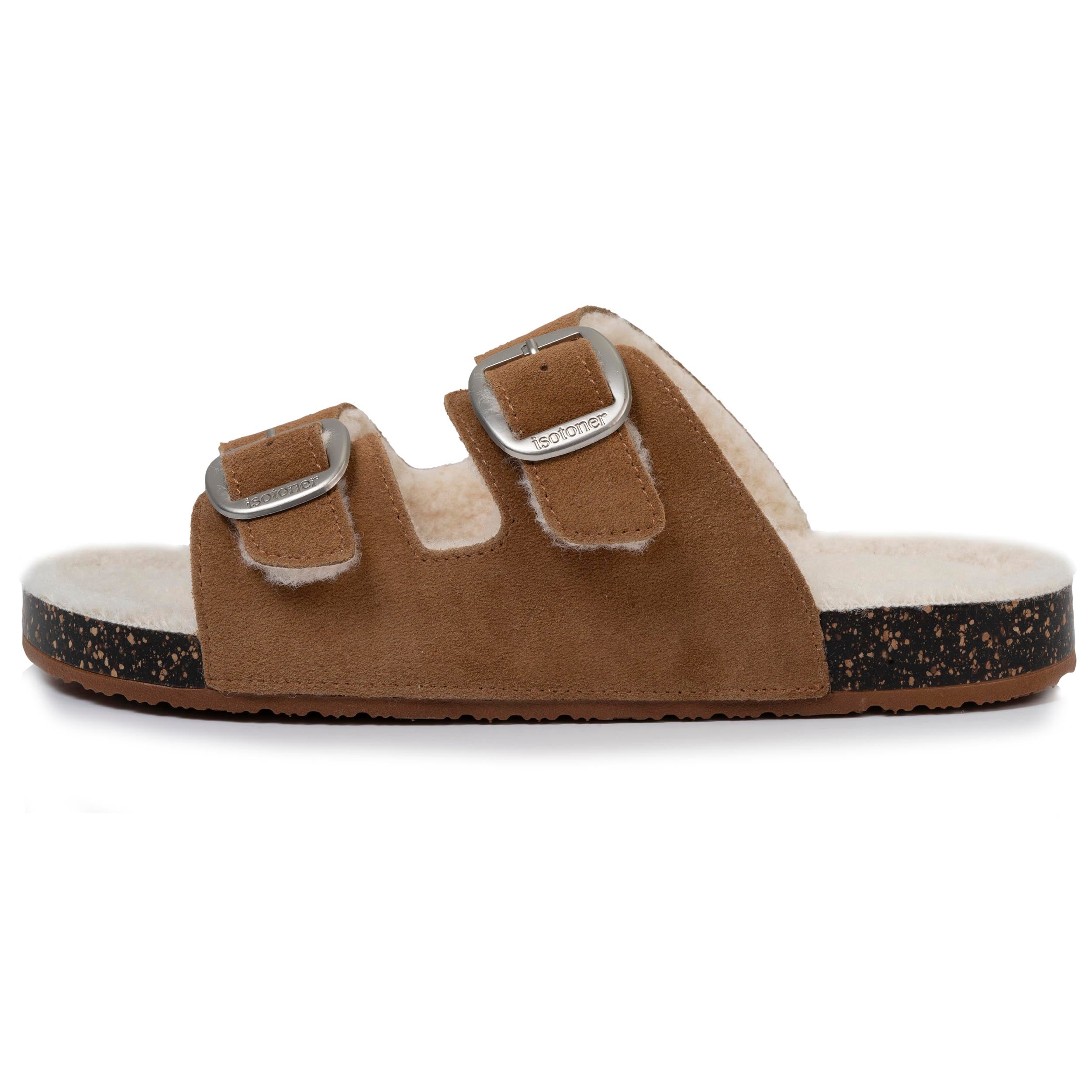 isotoner-chaussons-sandales-femme-sherpa-camel-cuir image 4
