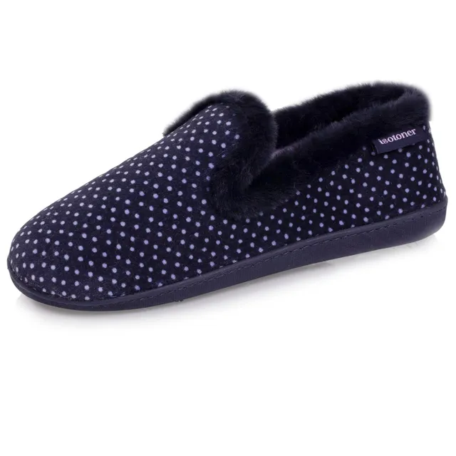 isotoner-chaussons-charentaises-femme-pois-marine-velours image 1