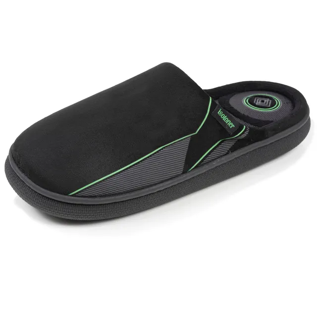 isotoner-chaussons-mules-homme-bloup-noir-imprim-vert image 1