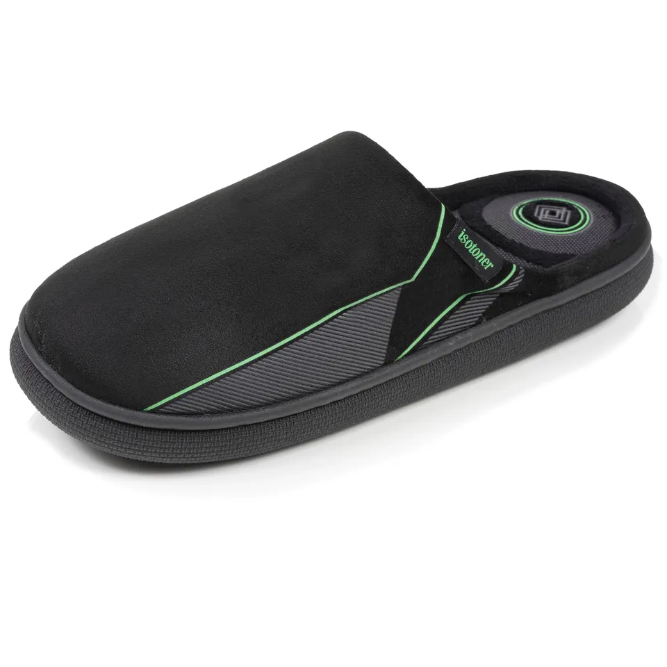 isotoner-chaussons-mules-homme-bloup-noir-imprim-vert image 1