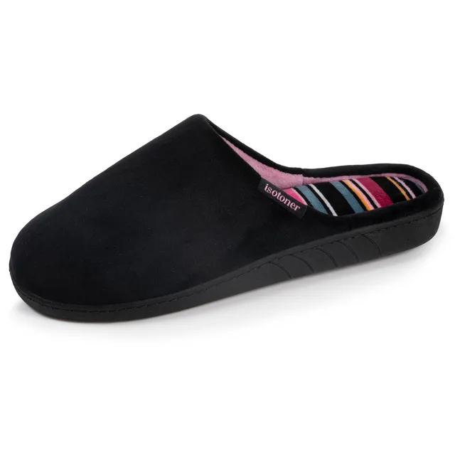 isotoner-chaussons-mules-femme-noir-rayures-m-moire-de-forme image 1