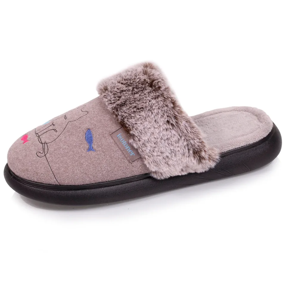 isotoner-chaussons-mules-femme-chat-taupe image 1