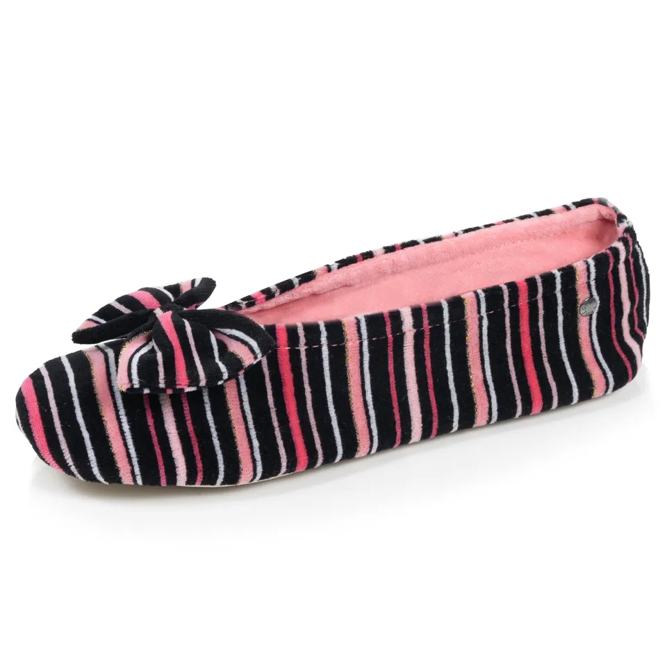isotoner-chaussons-ballerines-femme-grand-n-ud-rayures-rose image 1