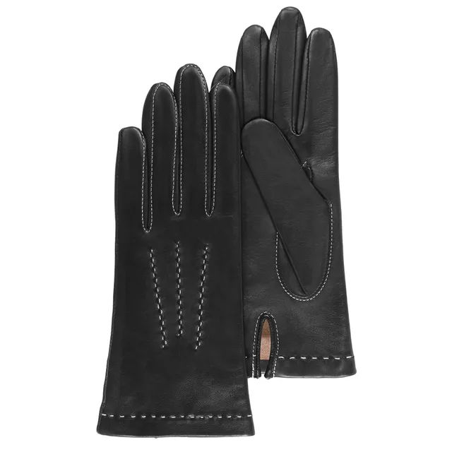 isotoner-gants-femme-cuir-d-agneau-noir-pleine-fleur-doublure-soie image 1